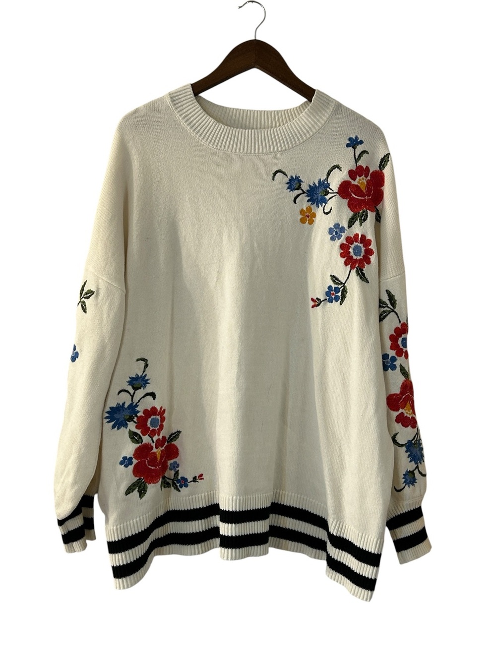 Cream Floral Embroidered Crewneck Sweater
